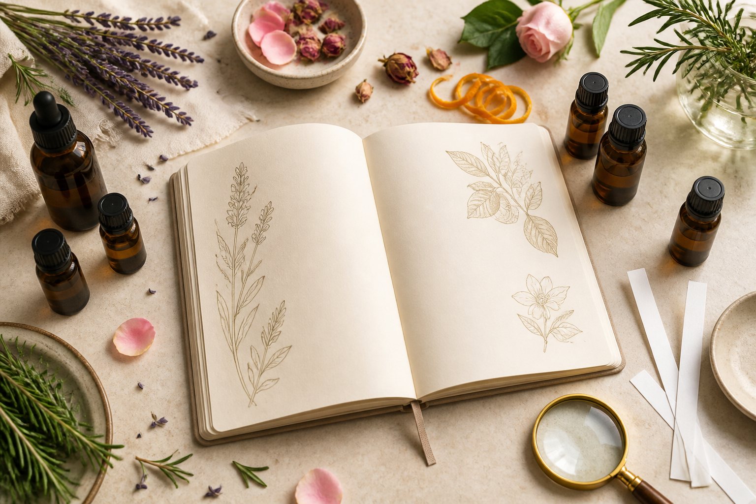 精油瓶、植物、ムエット、ノートを並べたアロマ用語の学習机