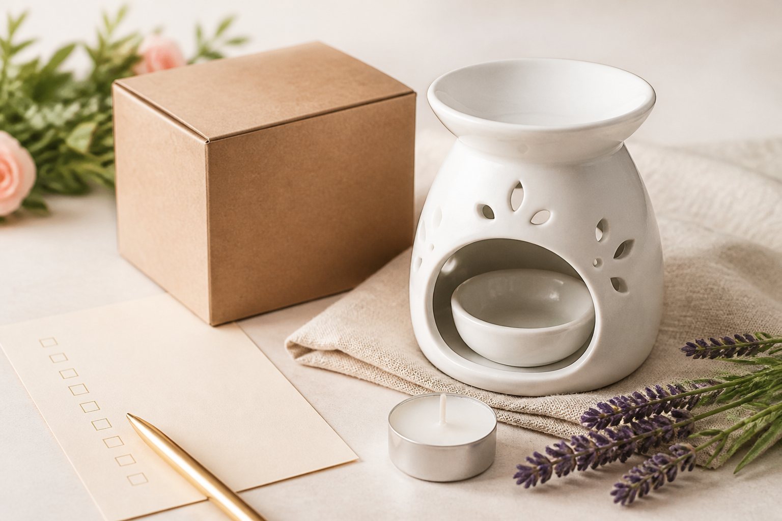 白い陶器のアロマポットと配送箱と購入チェックリスト