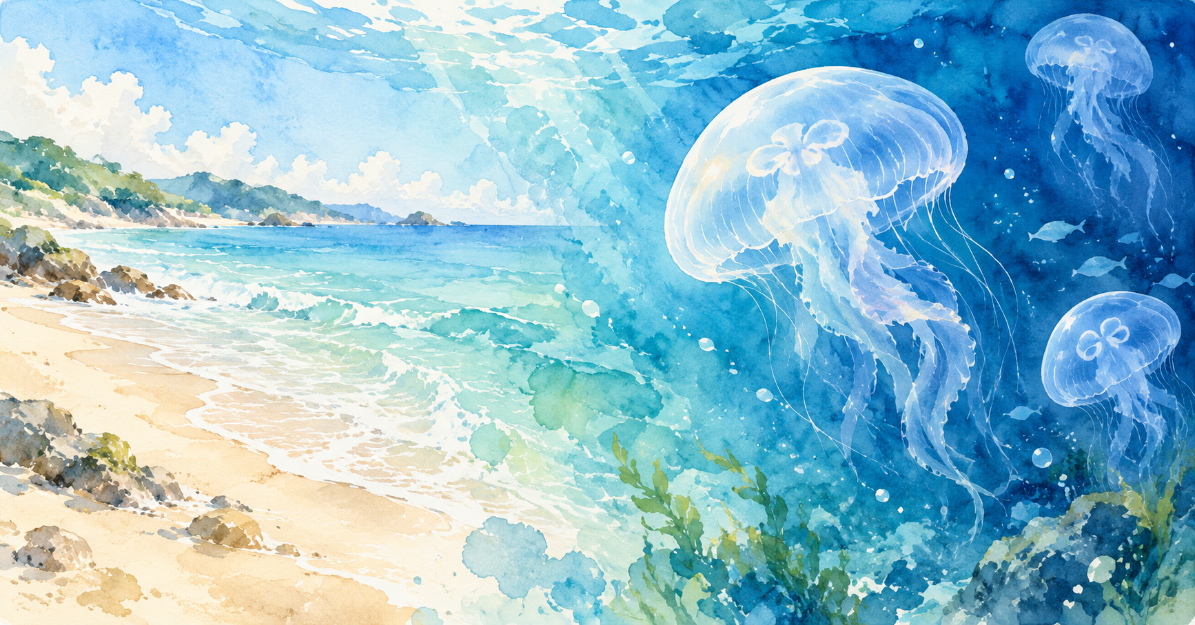 海辺とクラゲを組み合わせた水彩イラスト。会場写真ではなくイメージ